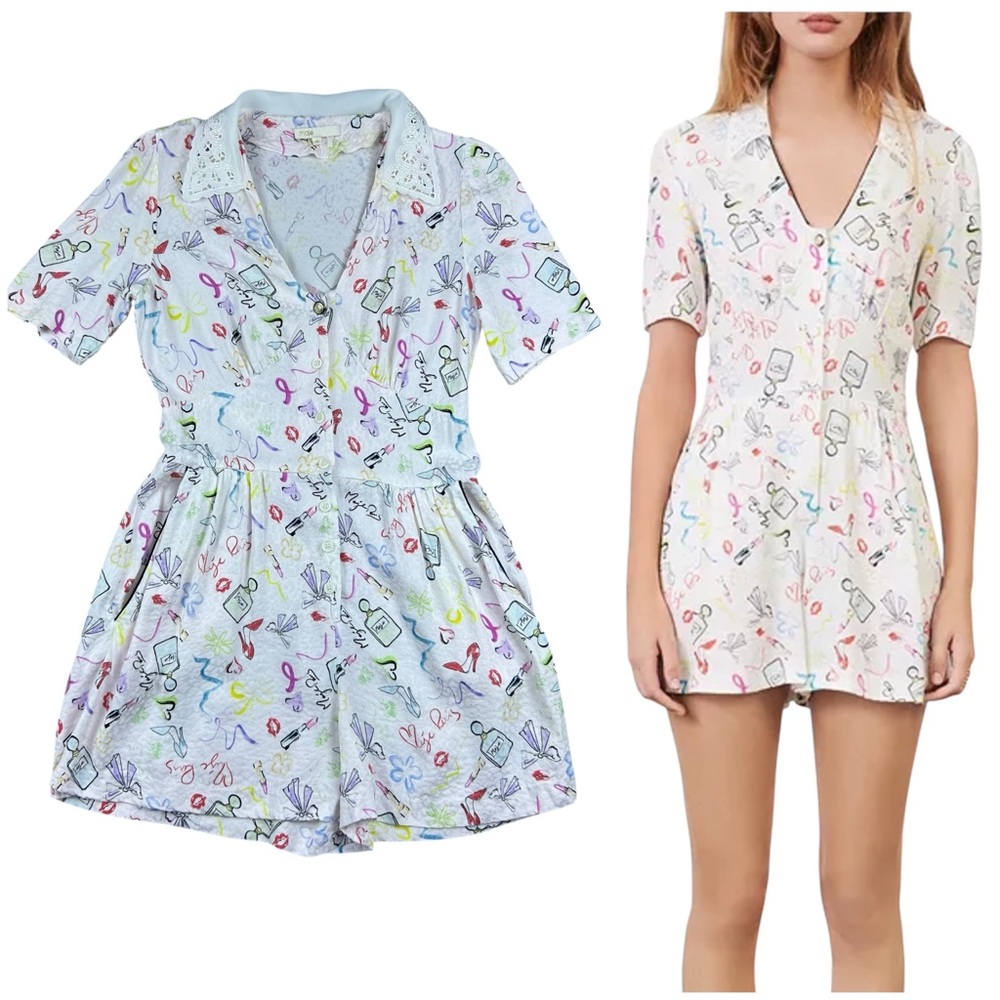 Maje Icake Printed Lace Collar Romper JumpSuit Eyelet Lace Collar Coquette Small